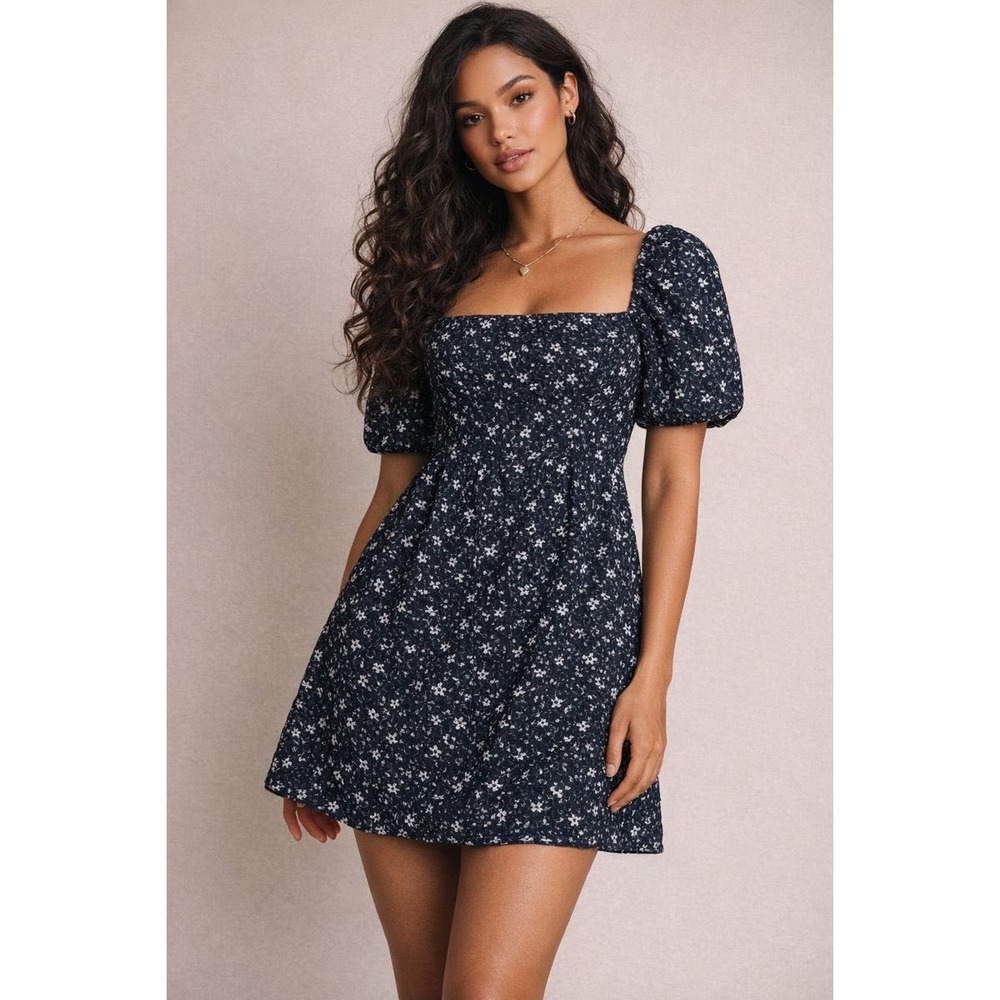 NWT Maeve Lilliane Navy Floral Puff Sleeve Dress‎ Off the Shoulder Cottage - 0